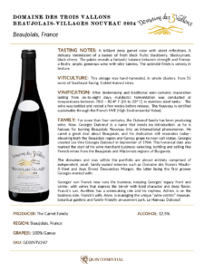 2024 Georges Duboeuf Domaine des 3 Vallons Beaujolais-Villages Nouveau – Fact Sheet