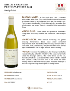 2021 Georges Duboeuf Emile Béranger Pouilly Fuissé – Fact Sheet