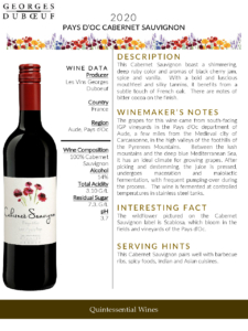 2020 Georges Duboeuf IGP Pays d’Oc Cabernet Sauvignon – Fact Sheet