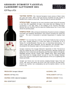 2021 Georges Duboeuf IGP Pays d’Oc Cabernet Sauvignon – Fact Sheet