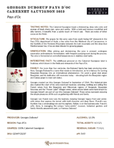 2023 Georges Duboeuf IGP Pays d’Oc Cabernet Sauvignon – Fact Sheet