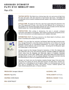 2022 Georges Duboeuf IGP Pays d’Oc Merlot – Fact Sheet