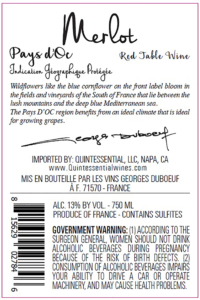 Georges Duboeuf IGP Pays d’Oc Merlot – Back Label – Non-Vintage