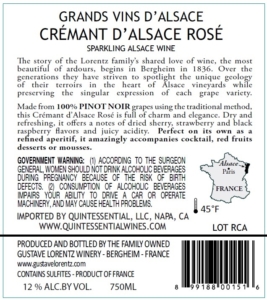 Gustave Lorentz Crémant d’Alsace Brut Rosé – Back Label – Non-Vintage