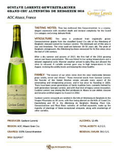 2016 Gustave Lorentz Gewurztraminer Grand Cru Altenberg de Bergheim – Fact Sheet
