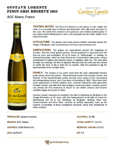 2022 Gustave Lorentz Pinot Gris Reserve – Fact Sheet