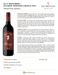 2021 Kay Brothers Basket Pressed Shiraz – Fact Sheet