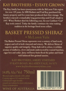 Kay Brothers Basket Pressed Shiraz – Back Label – Non-Vintage