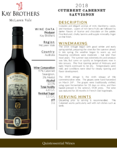 2018 Kay Brothers Cuthbert Cabernet Sauvignon – Fact Sheet