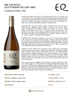 2022 Matetic Vineyards EQ ‘Coastal’ Sauvignon Blanc – Fact Sheet