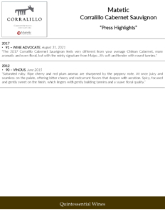 Matetic Vineyards Corralillo Cabernet Sauvignon – Press Highlights