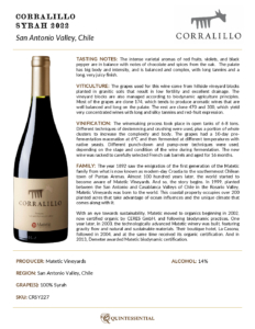 2022 Matetic Vineyards Corralillo Syrah – Fact Sheet