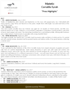 Matetic Vineyards Corralillo Syrah – Press Highlights