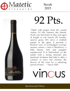 2015 Matetic Syrah – 92 points, Vinous – Accolade Sell Sheet
