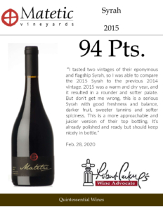 2015 Matetic Syrah – 94 points, Wine Advocate – Accolade Sell Sheet