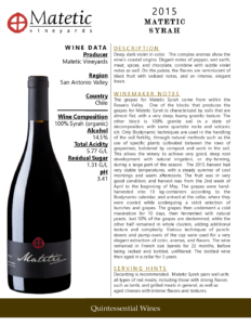 2015 Matetic Syrah – Fact Sheet