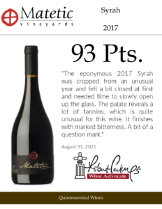 2017 Matetic Syrah – 93 points, Wine Advocate – Accolade Sell Sheet