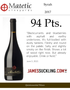 2017 Matetic Syrah – 94 points, James Suckling – Accolade Sell Sheet