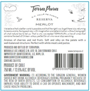 TerraPura Reserva Merlot – Back Label – Non-Vintage