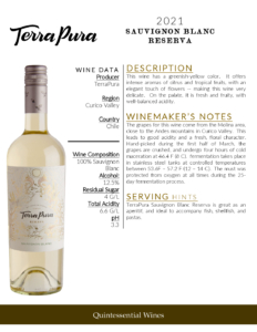 2021 TerraPura Reserva Sauvignon Blanc – Fact Sheet