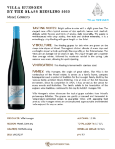 2023 Villa Huesgen By The Glass Riesling – Fact Sheet
