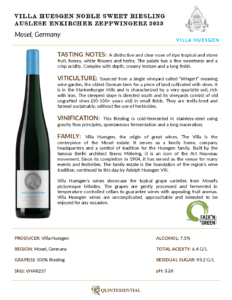 2023 Villa Huesgen Noble Sweet Riesling Auslese Enkircher Zeppwingerz – Fact Sheet