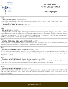 Count Karolyi Grüner Veltliner – Press Highlights