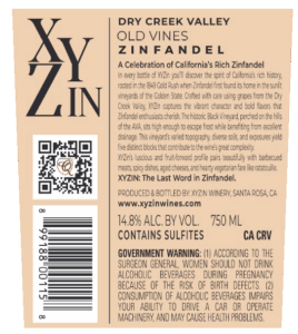 XY Zin Old Vine Zinfandel – Back Label – Non-Vintage