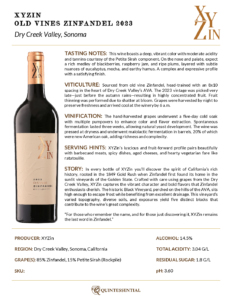 2023 XYZin Old Vine Zinfandel – Fact Sheet