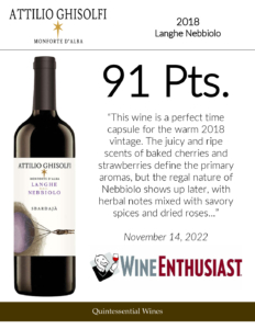 2018 Attilio Ghisolfi Langhe Nebbiolo – 91 points, Wine Enthusiast – Accolades Sell Sheet