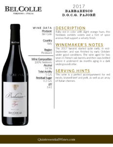 2017 Bel Colle Barbaresco DOCG Pajorè – Fact Sheet
