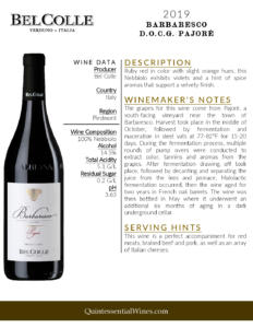 2019 Bel Colle Barbaresco DOCG Pajorè – Fact Sheet