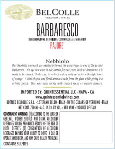 Bel Colle Barbaresco DOCG Pajorè – Back Label – Non-Vintage