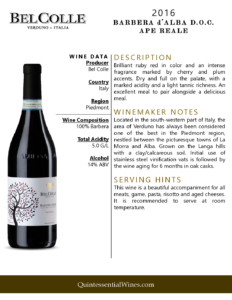 2016 Bel Colle Barbera d’Alba DOC Ape Reale – Fact Sheet