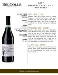 2017 Bel Colle Barbera d’Alba DOC Ape Reale – Fact Sheet