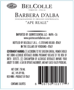 Bel Colle Barbera d’Alba DOC Ape Reale – Back Label – Non-Vintage