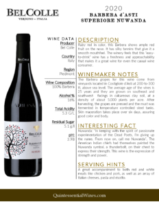 2020 Bel Colle Barbera d’Asti Superiore Nuwanda – Fact Sheet