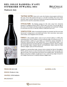 2021 Bel Colle Barbera d’Asti Superiore Nuwanda – Fact Sheet