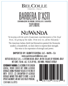 Bel Colle Barbera d’Asti Superiore Nuwanda – Back Label – Non-Vintage