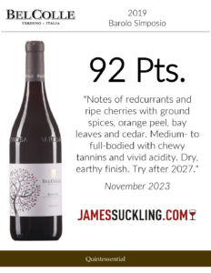 2019 Bel Colle Barolo DOCG Simposio – 92 points, James Suckling – Accolade Sell Sheet