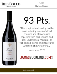 2019 Bel Colle Barolo Bussia – 93 points, James Suckling – Accolades Sell Sheet