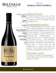 2013 Bel Colle Barolo DOCG Riserva – Fact Sheet