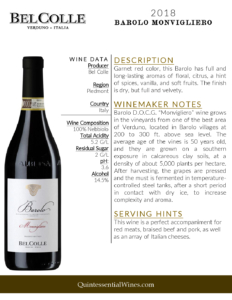 2018 Bel Colle Barolo Monvigliero DOCG – Fact Sheet