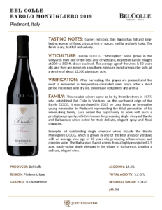 2019 Bel Colle Barolo Monvigliero DOCG – Fact Sheet