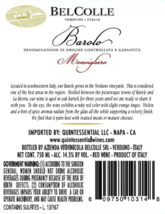 Bel Colle Barolo Monvigliero DOCG – Back Label – Non-Vintage