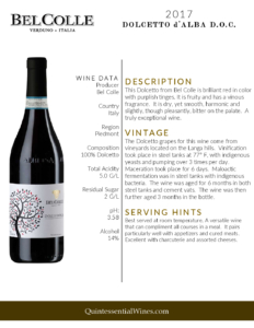 2017 Bel Colle Dolcetto d’Alba DOC – Fact Sheet