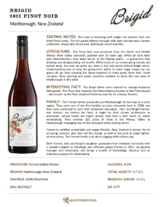 2022 Brigid Pinot Noir – Fact Sheet