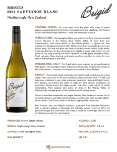 2022 Brigid Sauvignon Blanc – Fact Sheet