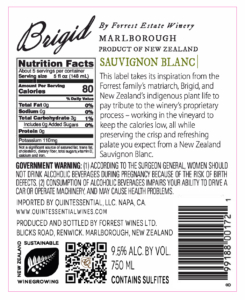 Brigid Sauvignon Blanc – Back Label – Non-Vintage