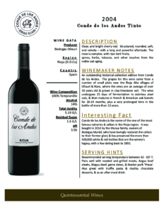 2004 Conde de los Andes Colección Histórica – Fact Sheet